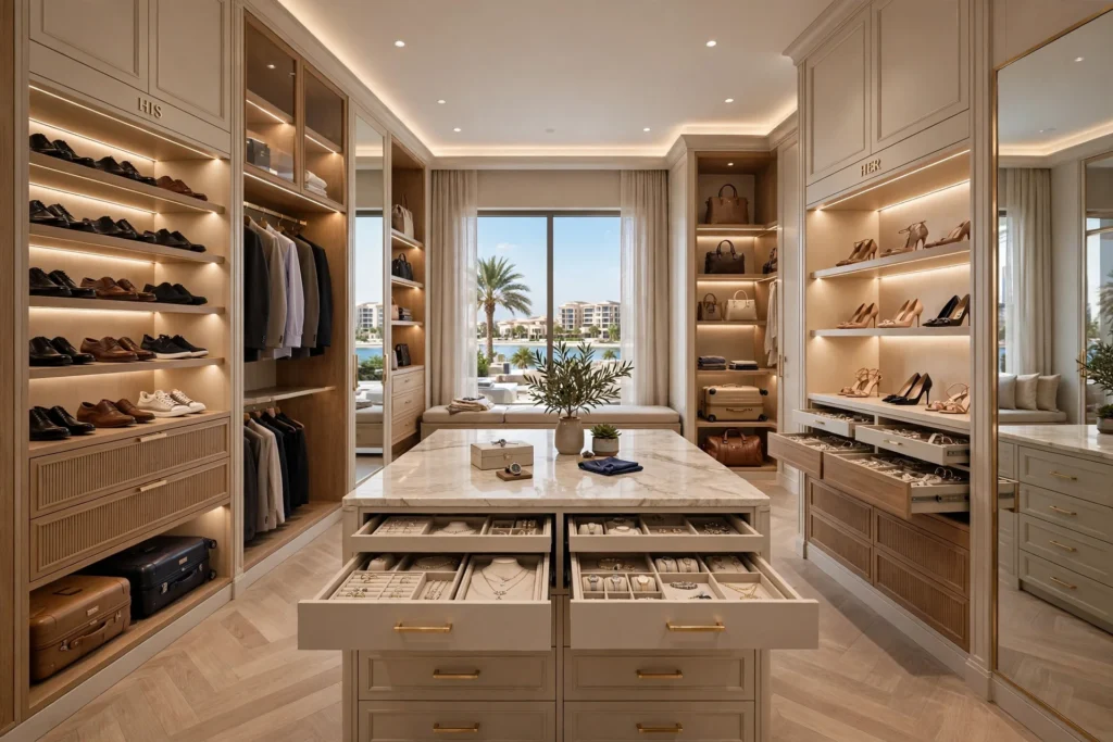 Floor-to-ceiling custom wardrobe in Dubai bedroom