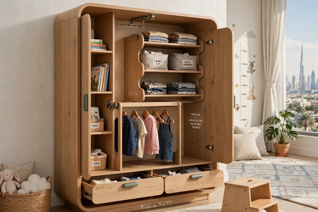 Custom bedroom wardrobe with drawers and shelves