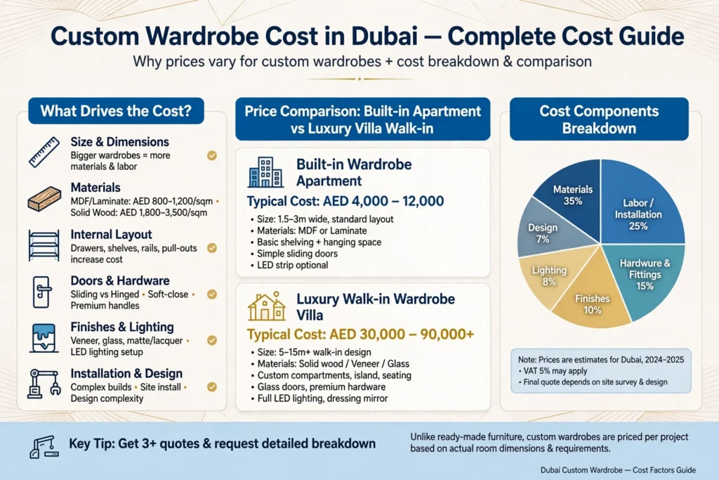Custom wardrobe cost for a modern Dubai bedroom