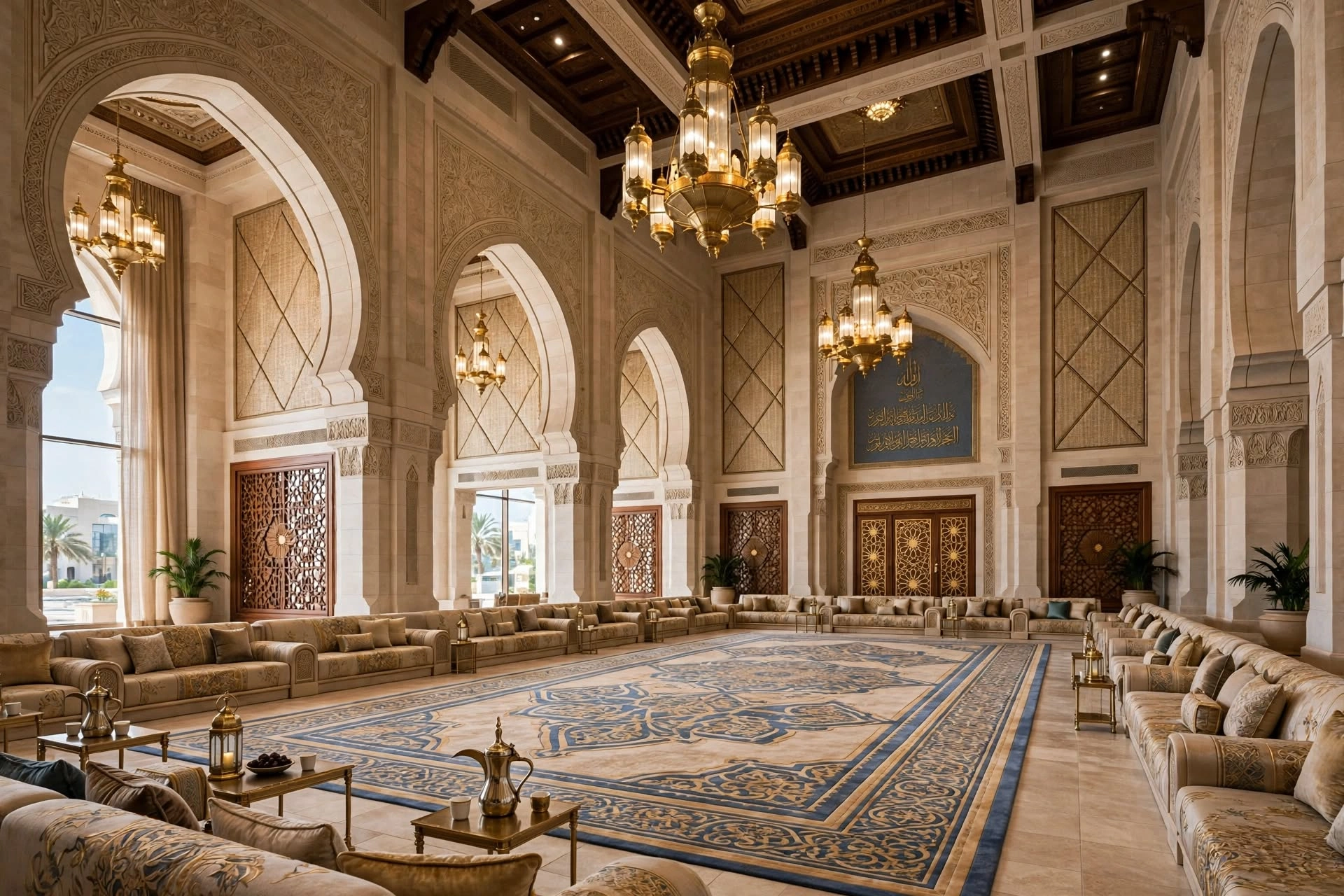 Premium marble flooring and bespoke woodwork in a Majlis