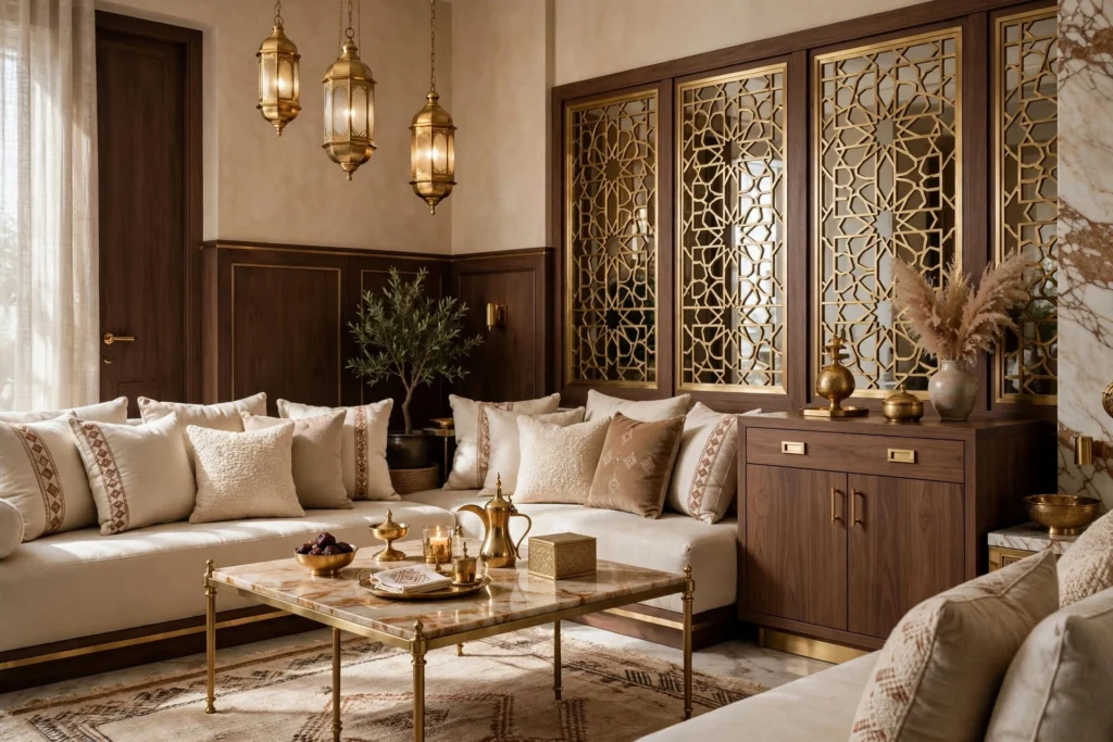 High-end Majlis interior with natural stone and custom furniture