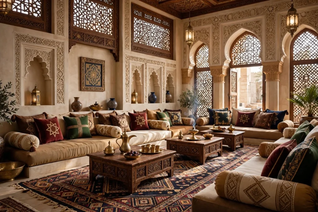 Traditional Arabian Majlis with elegant seating and decorative details