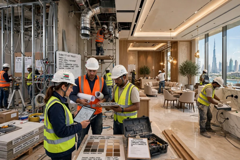 Professional fit out company working on a commercial interior in Dubai