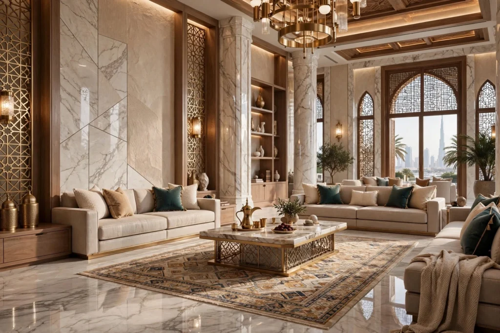 Premium Majlis design with elegant lighting and luxury furnishings