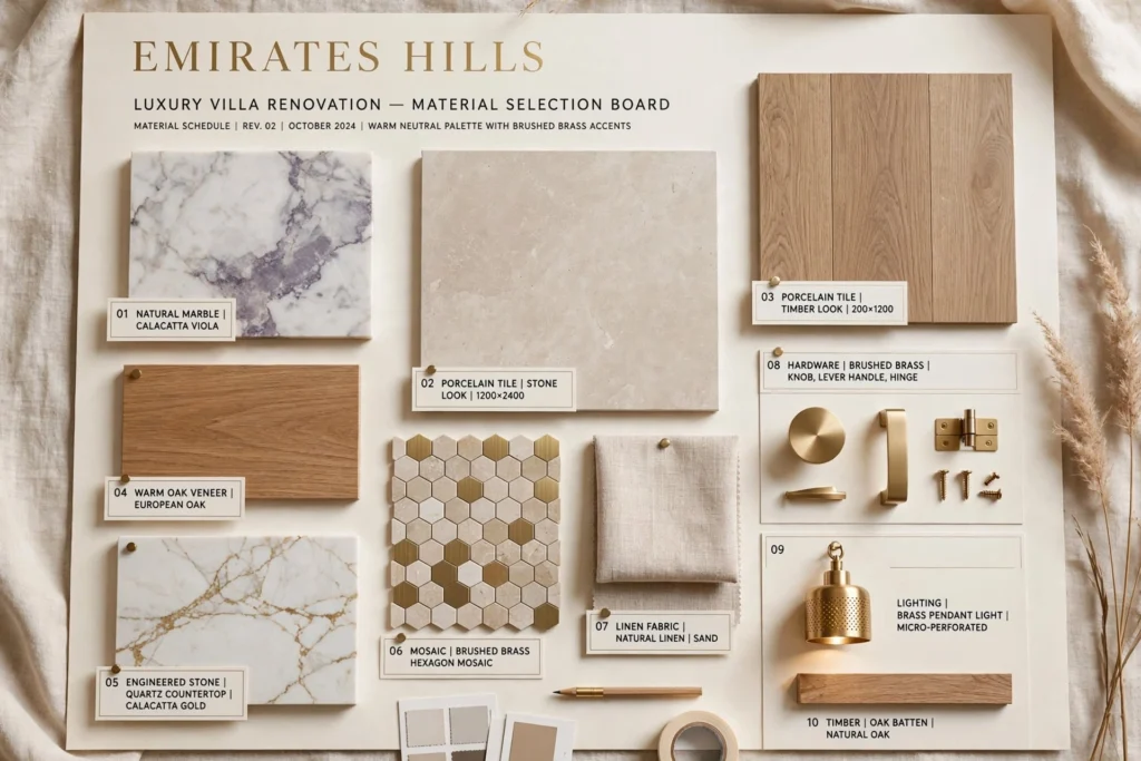 Luxury villa interior with marble, timber and custom finishes
