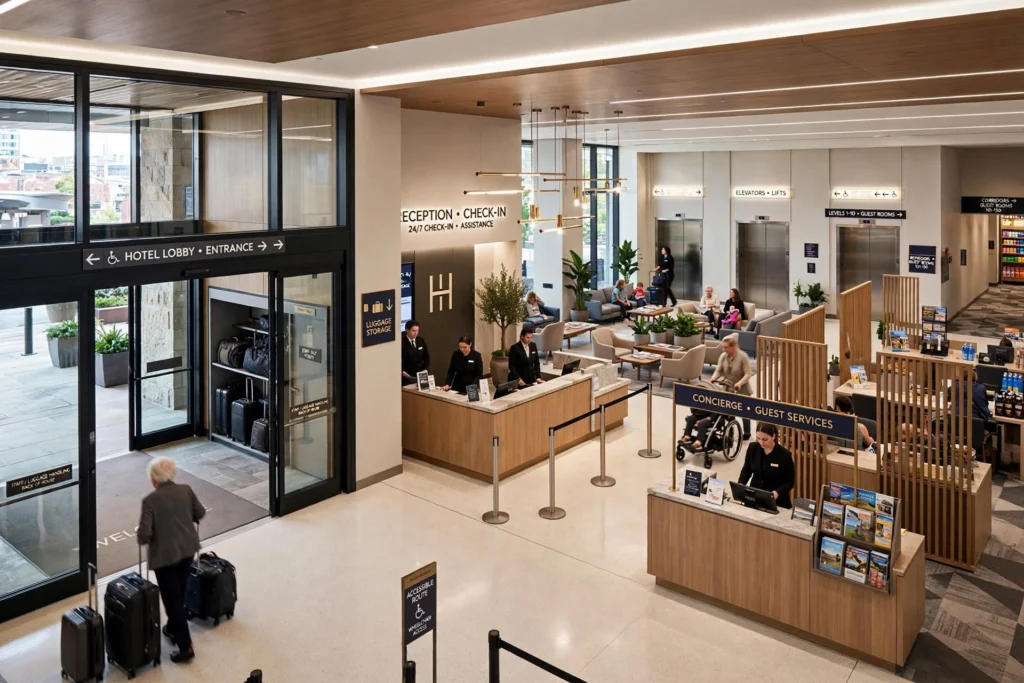 Contemporary hotel lobby and reception area