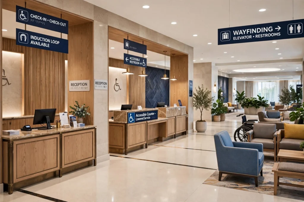 Hotel reception area with decorative lighting