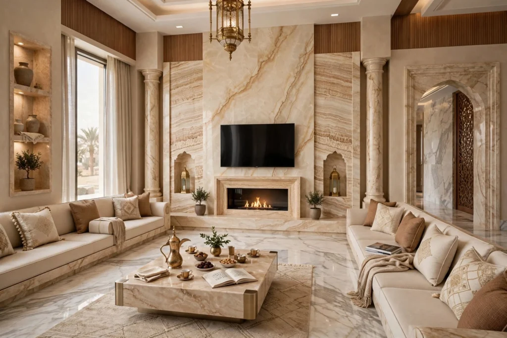 Luxury Majlis interior with marble, wood and elegant furnishings