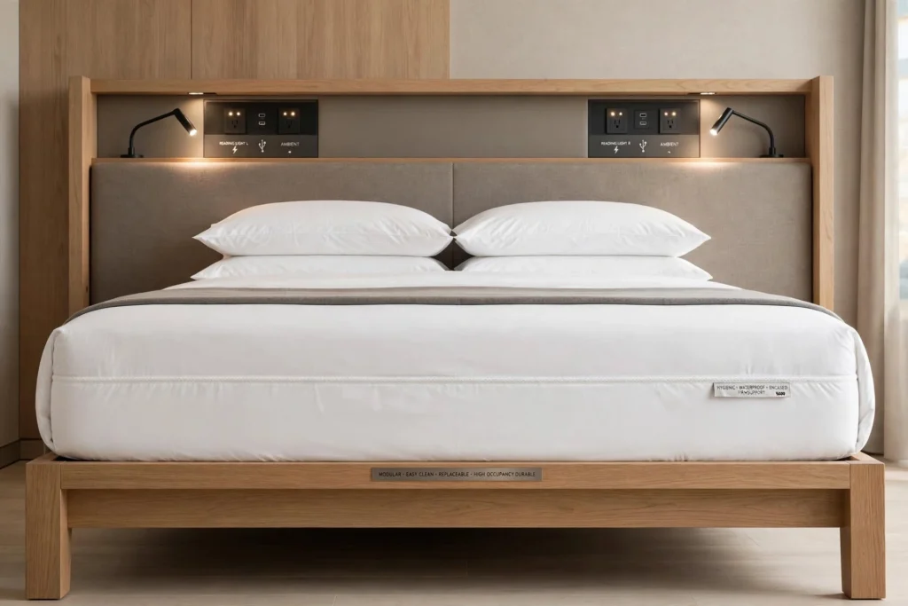 Hotel bed with modern bedside tables and headboard