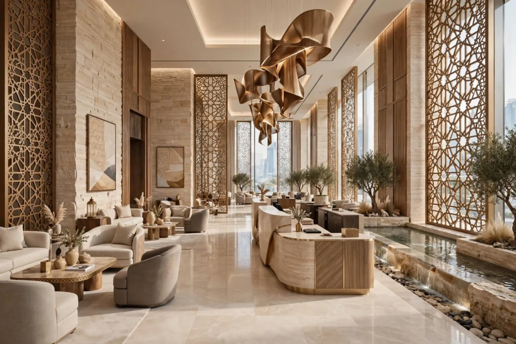 Luxury hotel reception desk with feature wall