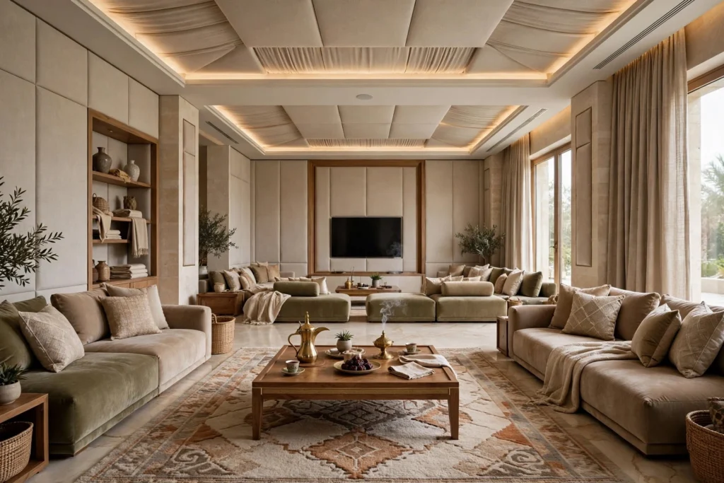 Contemporary UAE Majlis with marble flooring and wood wall panels