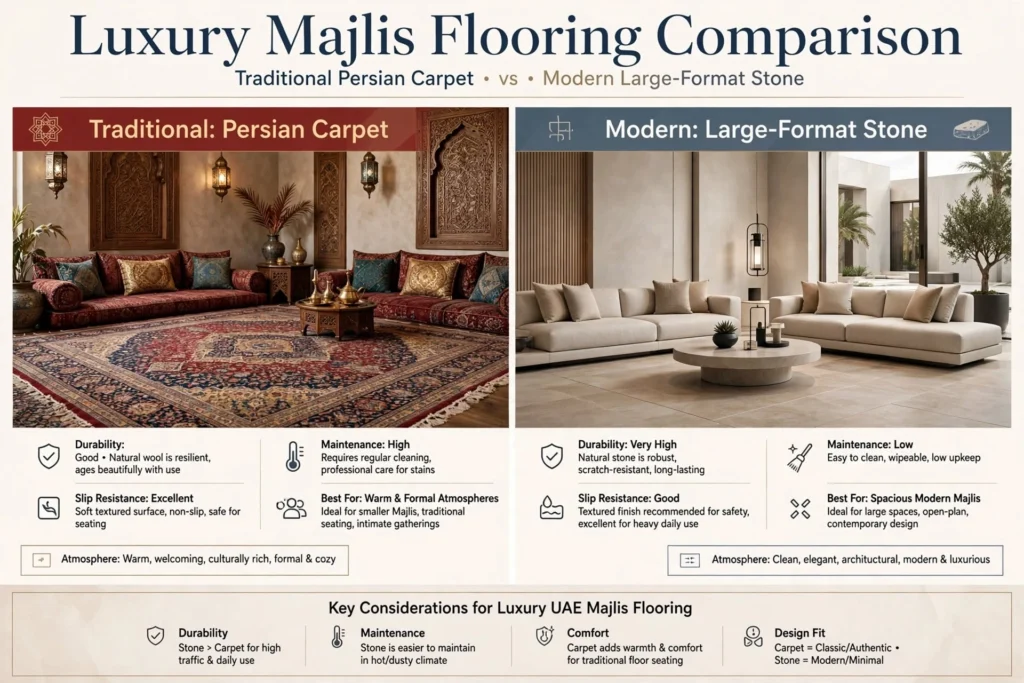 Traditional Majlis featuring Arabic patterns, carpets and woodwork