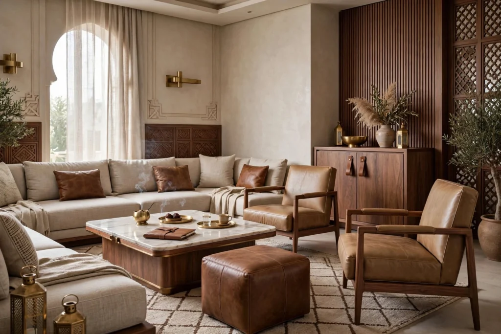 Arabian Majlis interior with brass, wood and luxury textiles