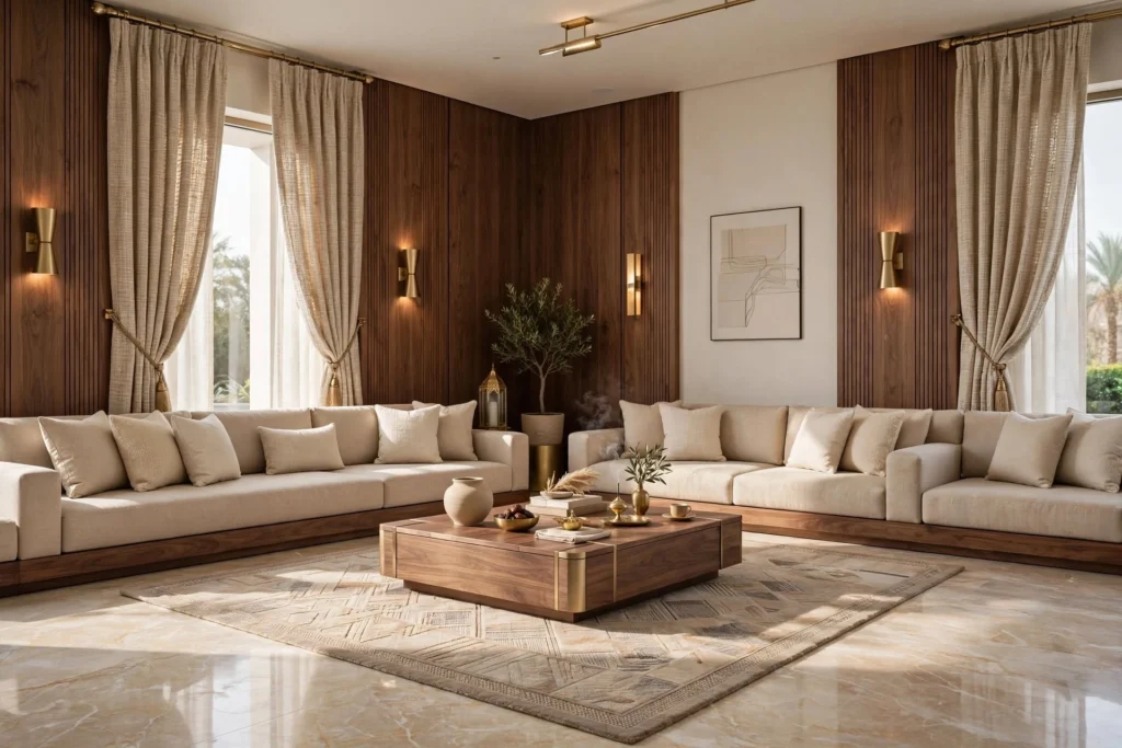 Luxury Majlis featuring custom upholstery and decorative wall panels