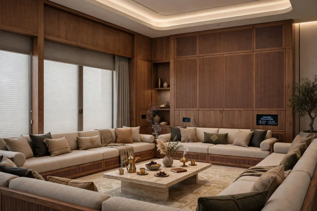 Modern Arabian Majlis with premium furniture and decorative lighting