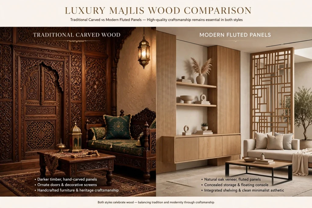 Contemporary Majlis with natural stone, wood panels and warm lighting