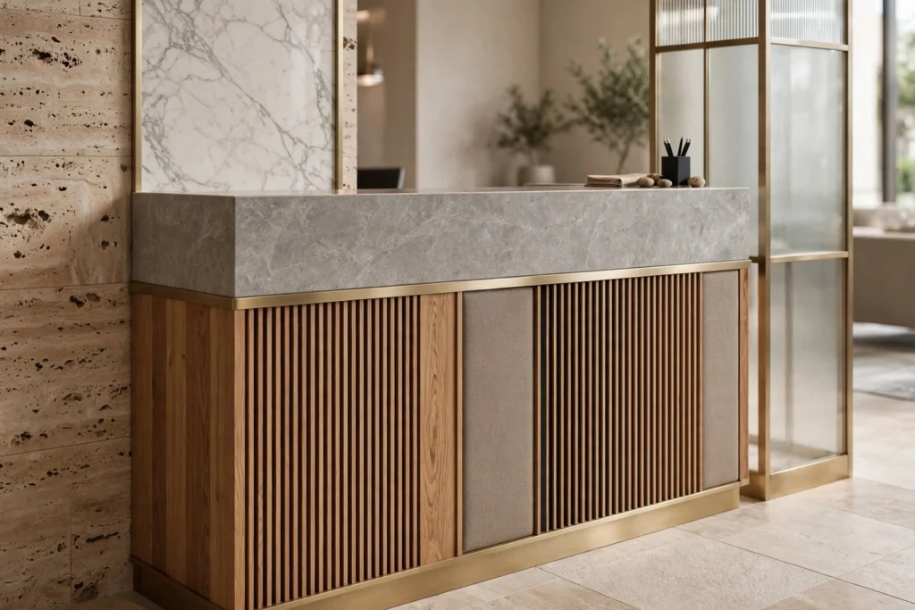 Modern reception counter in hotel lobby