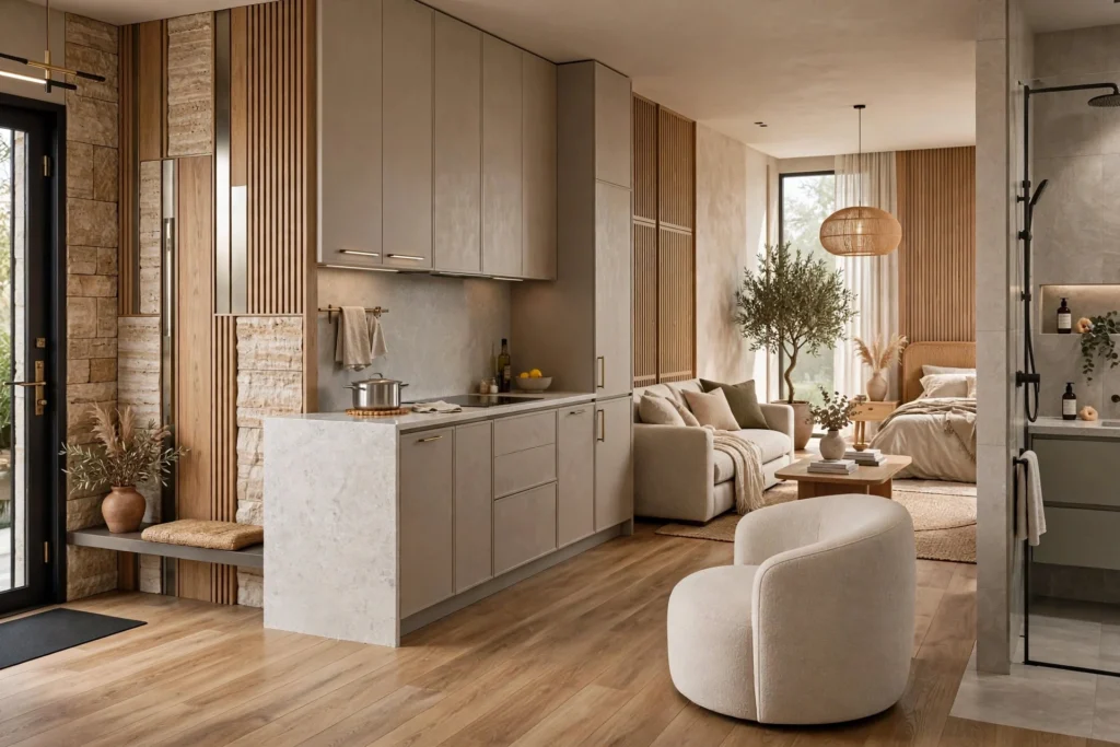 Luxury residential interior with stone, timber, and custom finishes