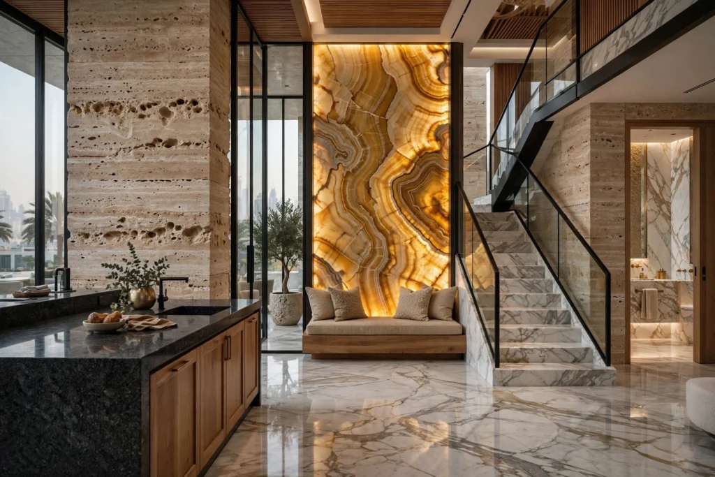 Natural stone and wood materials used in Dubai home interiors