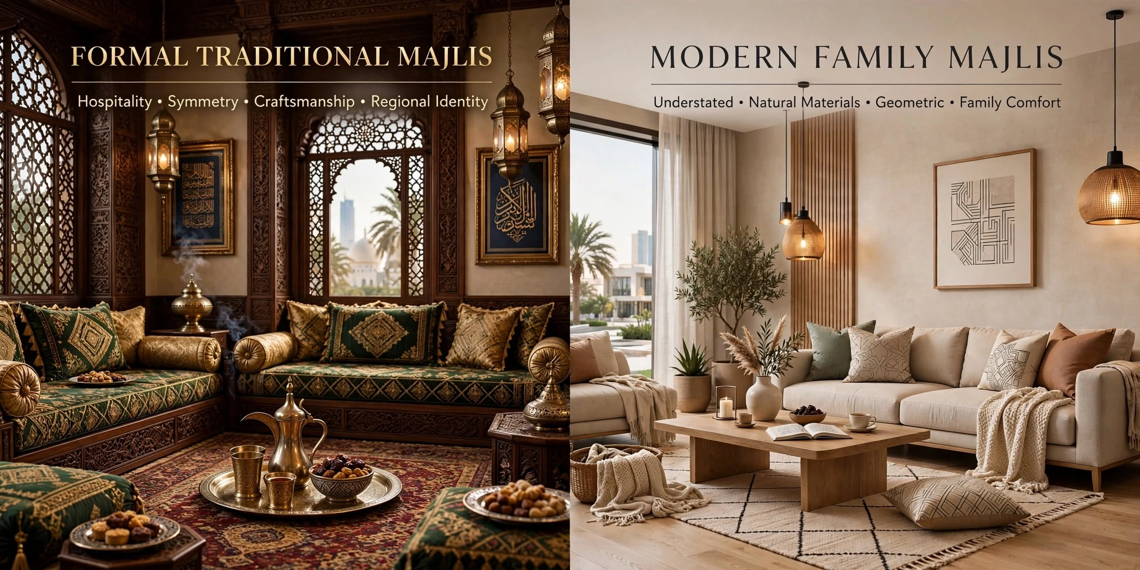 Modern Majlis interior with marble, neutral colours and custom joinery
