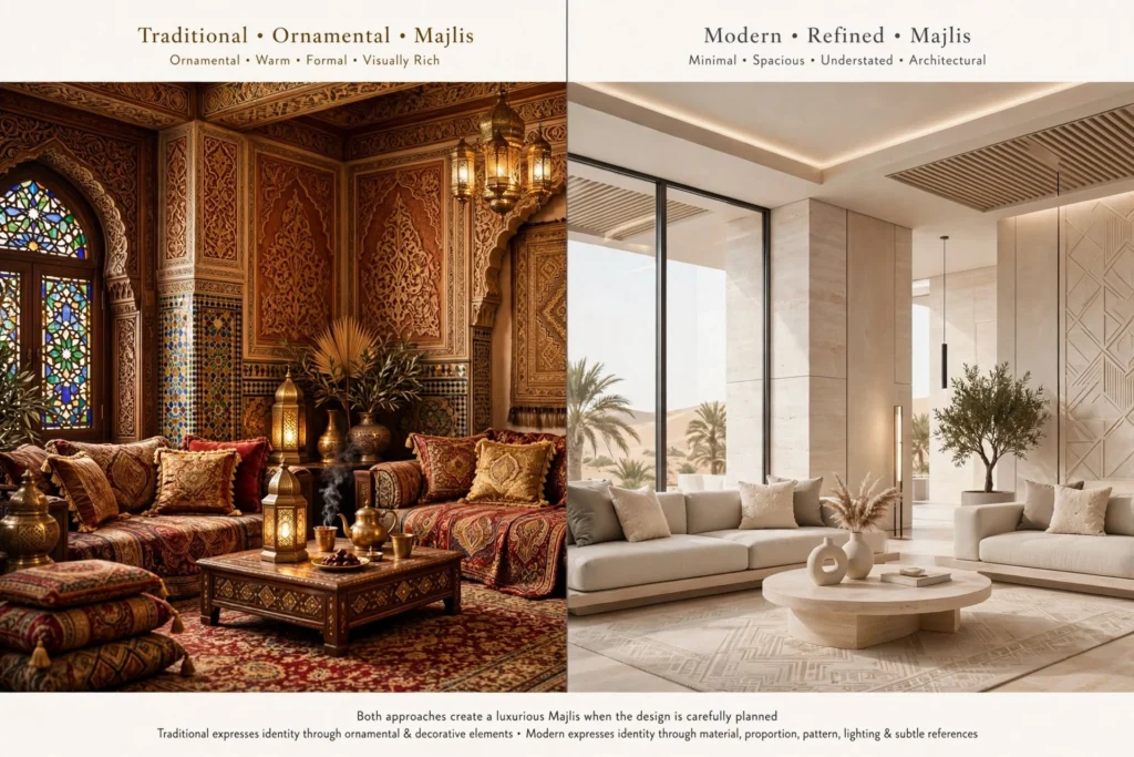 Modern UAE Majlis with marble flooring and contemporary furniture