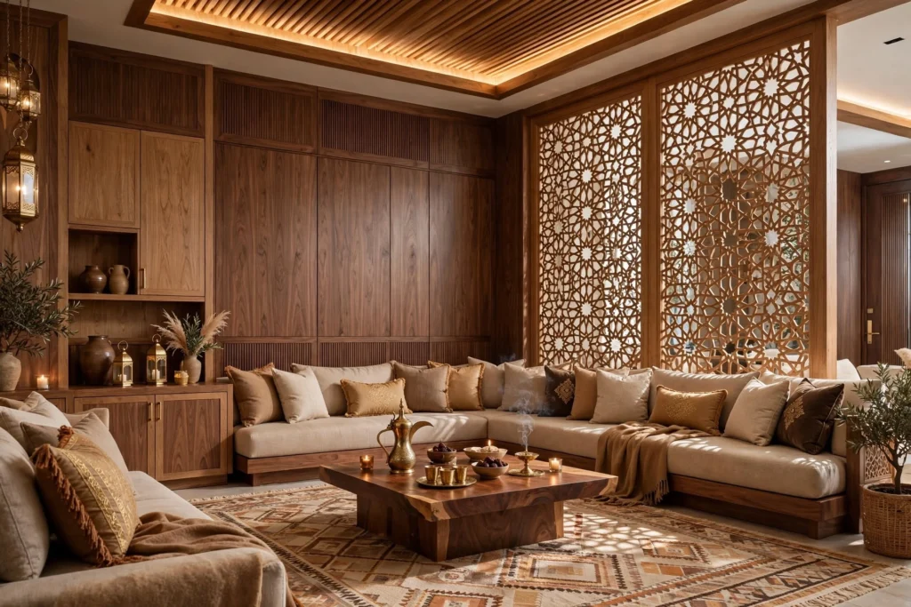 Modern Majlis featuring premium wood, marble and upholstery