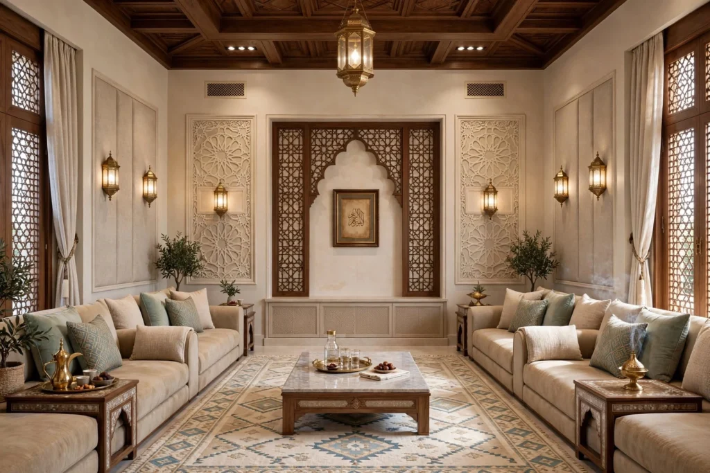 Sophisticated Majlis interior with natural wood and stone finishes