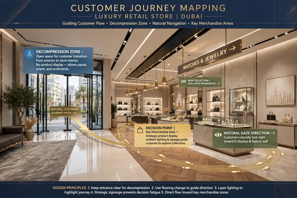 Retail store interior with clear customer circulation paths