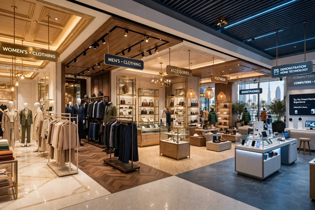Modern retail interior with organized product displays