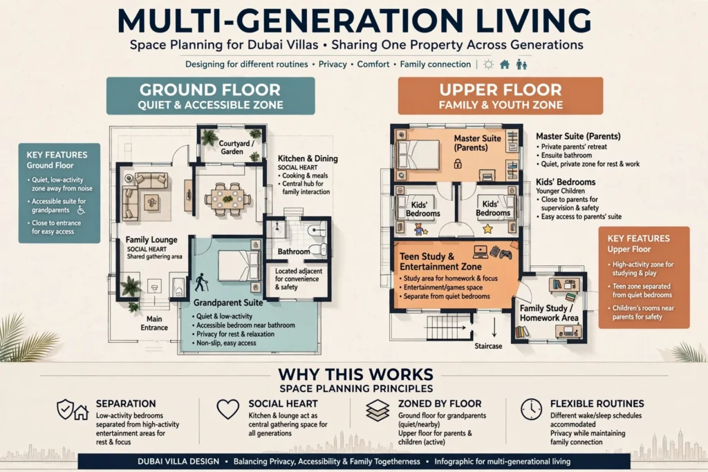 Contemporary family living room designed for multiple generations