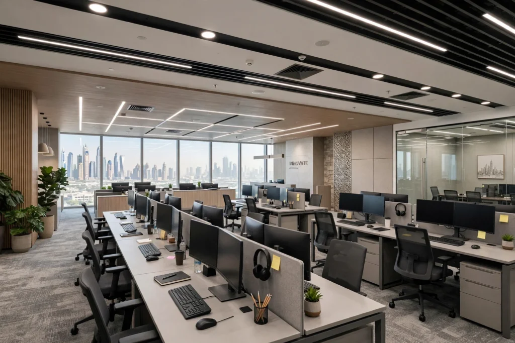 Modern interior fit-out project in Dubai with premium finishes and contemporary furniture