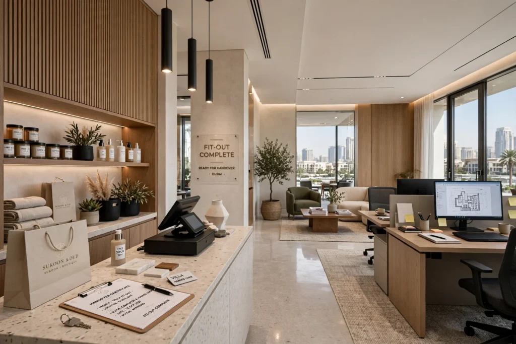 Modern office interior fit-out with meeting rooms and glass partitions