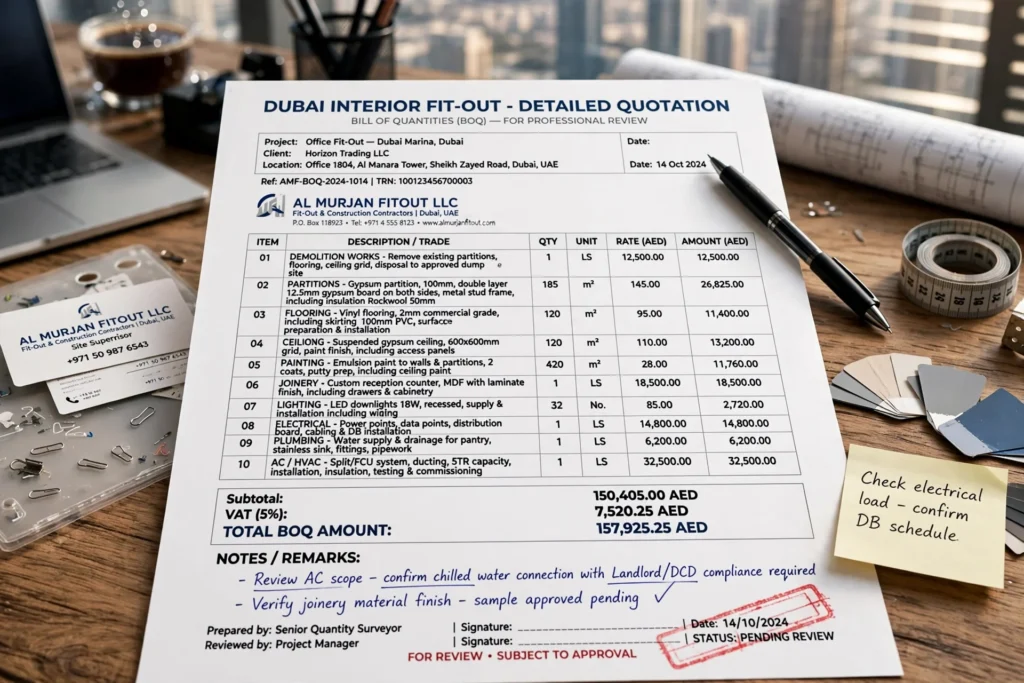 Interior fit-out quotation prepared for a renovation project in Dubai