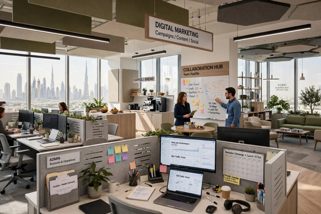 Modern office interior with organised employee workstations