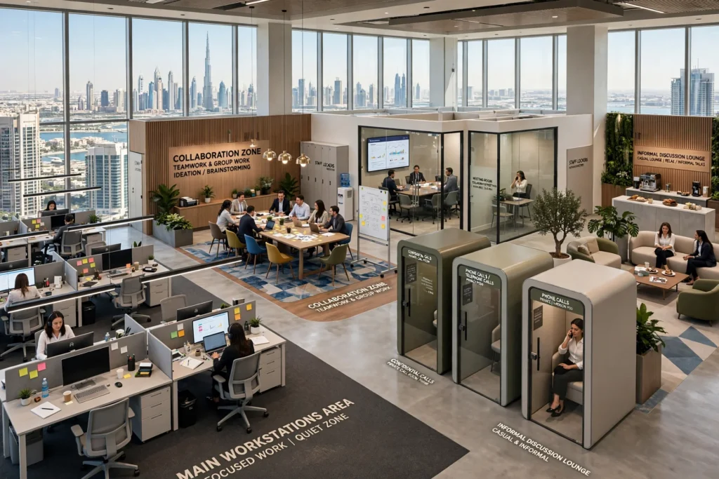 Open-plan office layout with well-arranged desks and clear walkways