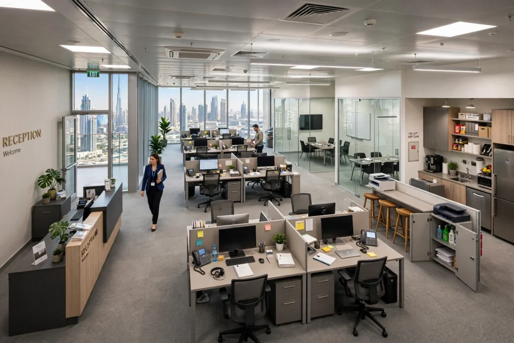 Clustered office workstations arranged for team collaboration