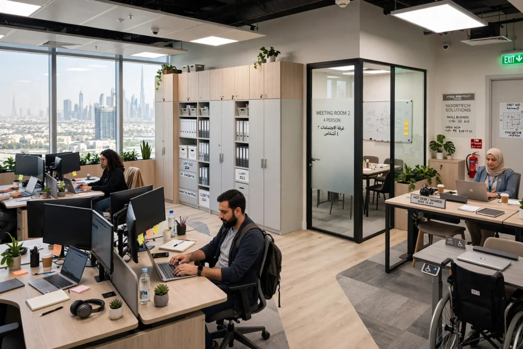 Ergonomic office desks and chairs in a compact commercial workspace
