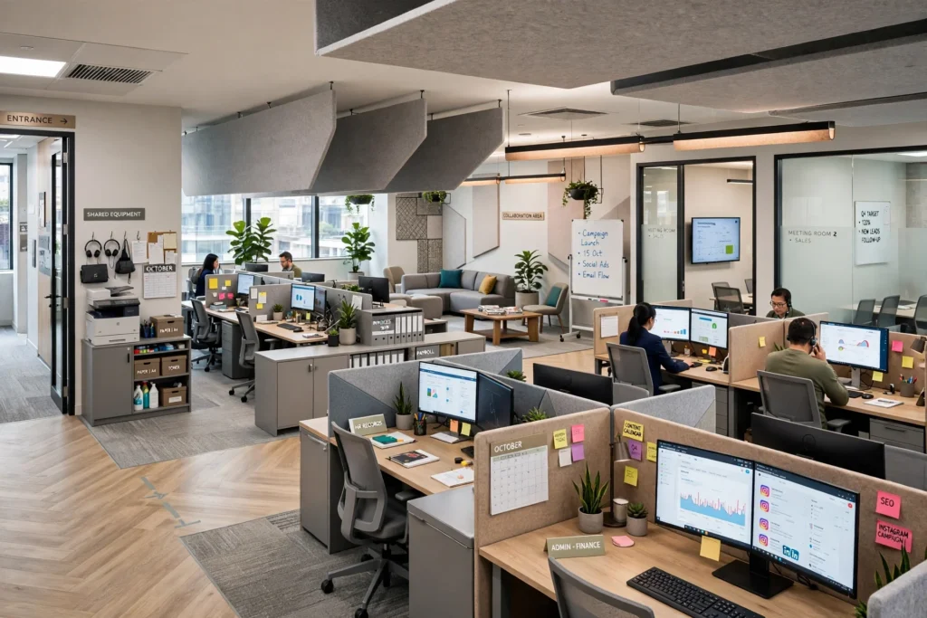 Office workstation layout with sufficient employee movement space